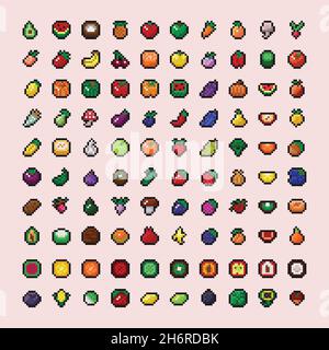 Vector pixel art icon illustration set - fruits, vegetables, mushrooms, nuts 8 bit retro styled game asset texture with black outline Stock Vector