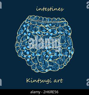 Porcelain intestines decorated blue plant pattern decorated golden craquelure in kintsugi art style. Modern upcycling eco trend. Good design for Stock Vector