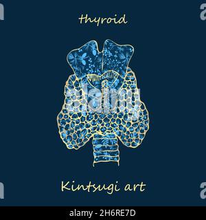 Porcelain thyroid decorated blue plant pattern decorated golden craquelure in kintsugi art style. Modern upcycling eco trend. Good design for fashion Stock Vector