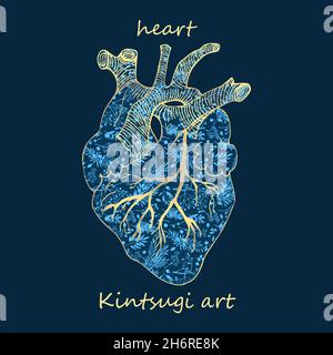 Porcelain heart decorated blue plant pattern decorated golden craquelure in kintsugi art style. Modern upcycling eco trend. Good design for fashion t Stock Vector
