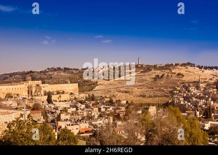 View from Mount Zion to the Mount of Olives with the Jewish cemetery, left the Temple Mount of Jerusalem. Israel, Middle East Stock Photo
