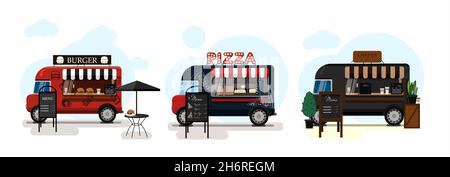 Set of vector food trucks with pizza, coffee and burgers. Vector flat illustration of a fast food vans on wheels with a striped awning and an Stock Vector