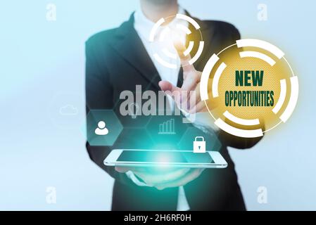 Text sign showing New Opportunities. Word Written on exchange views condition favorable for attainment goal Woman In Uniform Holding Mobile Phone Stock Photo