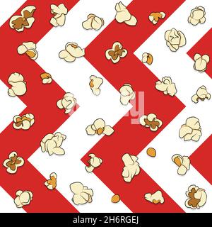 Seamless pattern with popcorn on a white and red background. Color vector background. Stock Vector