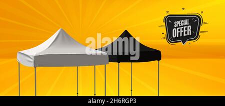 A 2 meter and a 1.5 meter Gazebo Tent in black and white on a colorful orange background, 3d rendered illustration. Stock Photo