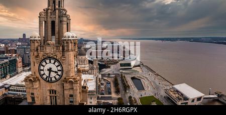 Aerial close up of the tower of the Royal Liver Building in Liverpool Stock Photo