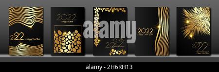 set cards 2022 Happy New Year, Gold Africa animal texture, black modern background, elements for calendar and greetings card or Christmas themed Stock Vector
