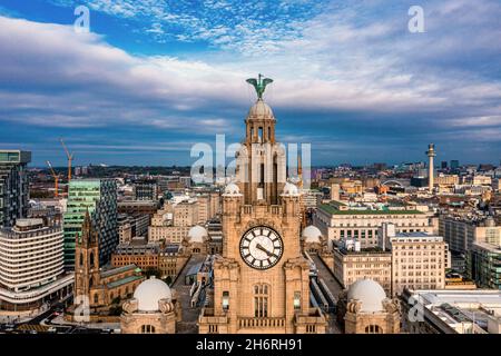 Aerial close up of the tower of the Royal Liver Building in Liverpool Stock Photo