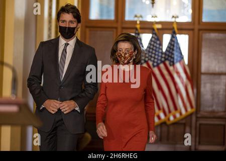 Washington, United States. 17th Nov, 2021. Canadian Prime Minister Justin Trudeau walks with Speaker of the House Nancy Pelosi at the U.S. Capitol in Washington, DC on Wednesday, November 20, 2021.The two meet for a photo prior to a bipartisan congressional meeting on the hill Photo by Tasos Katopodis/UPI Credit: UPI/Alamy Live News Stock Photo