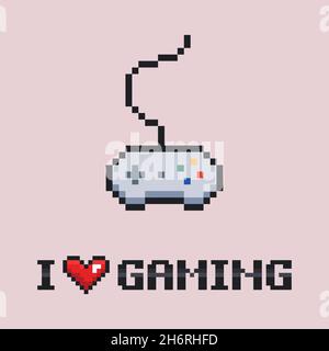 Pixel art vector illustration - 8 bit grey gamepad with wire and I love gaming heart icon on light background Stock Vector
