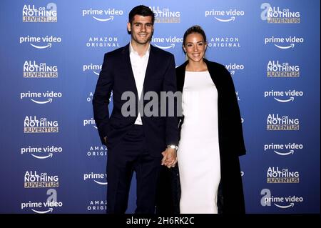 Turin, Italy. 17 November 2021. Alvaro Morata and Alice Campello pose during the photo call of the new Amazon Prime Video show 'All or Nothing: Juventus' premiere. Credit: Nicolò Campo/Alamy Live News Stock Photo