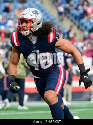 New England Patriots linebacker Jahlani Tavai (48) plays defense during an  NFL football game against the Green Bay Packers Sunday, Oct. 2, 2022, in  Green Bay, Wis. (AP Photo/Jeffrey Phelps Stock Photo - Alamy