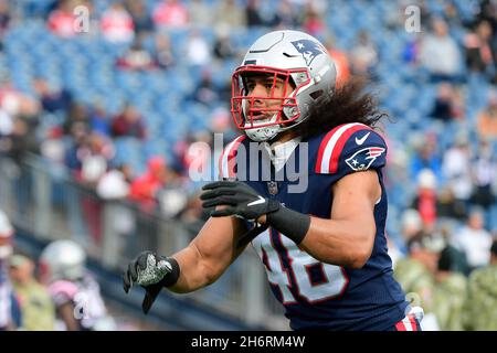 November 14, 2021: New England Patriots linebacker Jahlani Tavai (48) warms  up before the NFL football game between the Cleveland Browns and the New  England Patriots at Gillette Stadium, in Foxborough, Massachusetts.