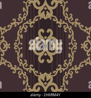Baroque gold ornament on dark background. Vintage texture pattern. Seamless damask pattern. Vector illustration. For wallpaper, textiles, tiles or Stock Vector