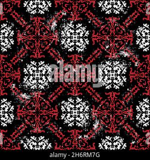 Rich oriental pattern in red and white on a black background. Vintage texture pattern. Seamless damask pattern. Vector illustration. For wallpaper Stock Vector