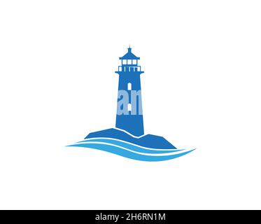 Blue Lighthouse Waves Logo Design Vector Symbol Illustration Stock Vector