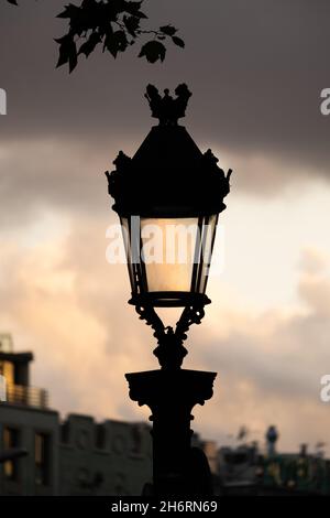 Lamp in the night. Streetlights. Lamp post. Lantern. European old city lamp. Stock Photo