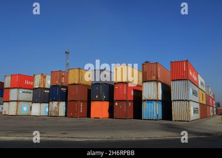 Chittagong, Bangladesh. 17th Nov, 2021. A view of containers at Chittagong Port.Chittagong Port and Kurnofuly river play an important economy role in Bangladesh. Credit: SOPA Images Limited/Alamy Live News Stock Photo