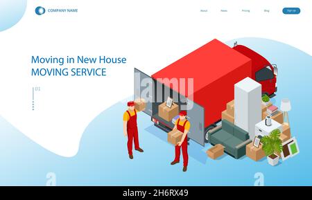 Isometric Moving Company Worker Carrying Boxes and Furniture, Truck Delivering. Delivery Truck Full of Home Stuff Inside. Moving to New House. Boxes Stock Vector