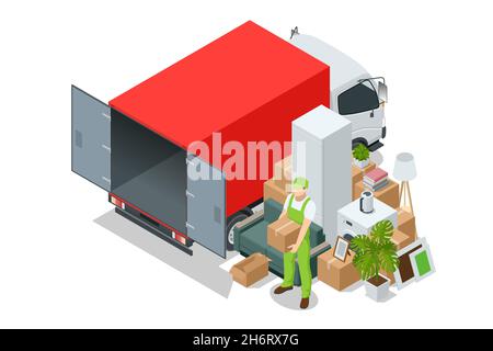 Isometric Moving Company Worker Carrying Boxes and Furniture, Truck Delivering. Delivery Truck Full of Home Stuff Inside. Moving to New House. Boxes Stock Vector
