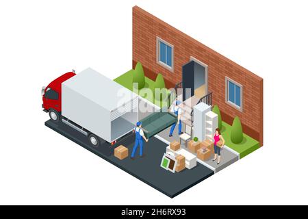 Isometric Moving Company Worker Carrying Boxes and Furniture, Truck Delivering. Delivery Truck Full of Home Stuff Inside. Moving to New House. Boxes Stock Vector