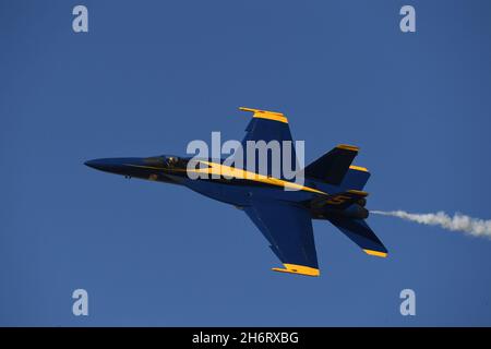 Blue Angel Solo 5 on a high-speed pass at NAF El Centro, California in a F/A-18E Super Hornet. Stock Photo