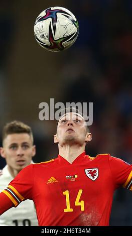 Connor Roberts of Wales in action. FIFA World Cup qualifier , group E, Wales v Belgium at the Cardiff city stadium in Cardiff, South Wales on Tuesday 16th November 2021. Editorial use only. pic by Andrew Orchard/Andrew Orchard sports photography/Alamy Live News Stock Photo