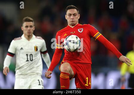 Connor Roberts of Wales in action. FIFA World Cup qualifier , group E, Wales v Belgium at the Cardiff city stadium in Cardiff, South Wales on Tuesday 16th November 2021. Editorial use only. pic by Andrew Orchard/Andrew Orchard sports photography/Alamy Live News Stock Photo