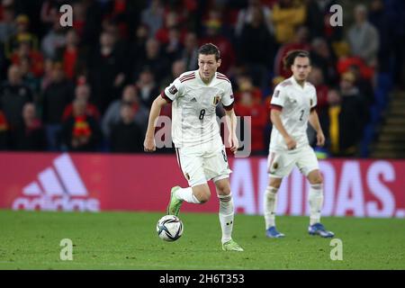 Hans Vanaken of Belgium in action. FIFA World Cup qualifier , group E, Wales v Belgium at the Cardiff city stadium in Cardiff, South Wales on Tuesday 16th November 2021. Editorial use only. pic by Andrew Orchard/Andrew Orchard sports photography/Alamy Live News Stock Photo