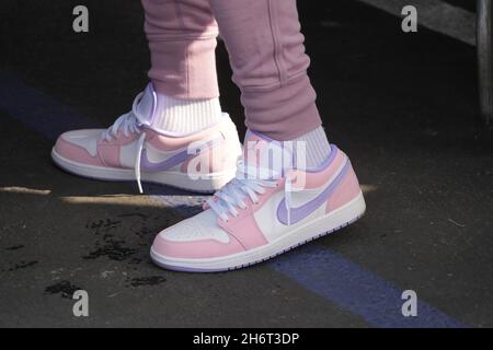 A detailed view of the Nike Jordan low dunk basketball shoes worn by Mookie Betts during the Los Angeles Dodgers Foundation Thanksgiving Grab and Go d Stock Photo