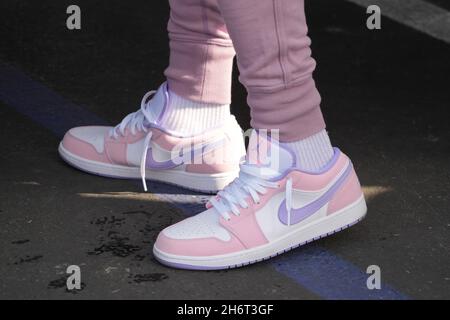 A detailed view of the Nike Jordan low dunk basketball shoes worn by Mookie Betts during the Los Angeles Dodgers Foundation Thanksgiving Grab and Go d Stock Photo