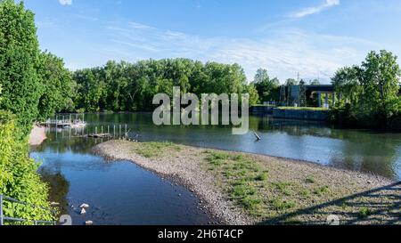 16:9 Wide View of Erie Canal Lock of Pool Brook River in Bellamy Harbor Park of Rome, New York. Stock Photo