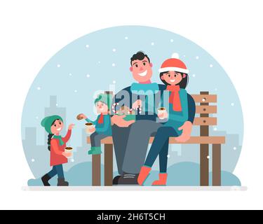 A family in a winter park is drinking hot drinks and eating sweets. Picnic in the winter on the bench. Vector illustration in flat style. Stock Vector