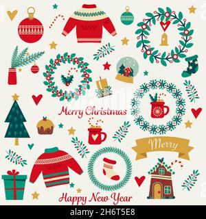 Christmas holiday cute elements set. Pretty print for cards, stickers, apparel and decoration. christmas wreaths, tree, gingerbread house, socks. Stock Vector