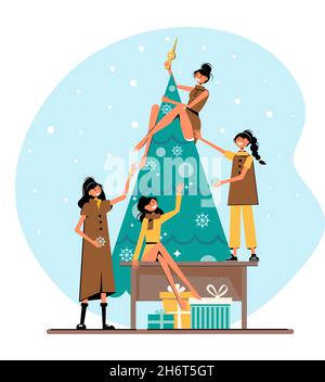 Lovely girls decorate the Christmas tree. Funny vector illustration. People and characters. Stock Vector