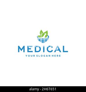 minimalist MEDICAL leaf bowl pounder logo design Stock Vector
