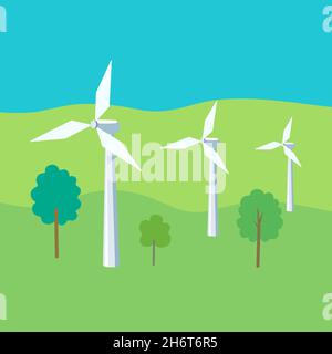 Wind turbines. Renewable electro energy sources. Wind power station on green background. Eco energy industrial concept.  Stock Vector