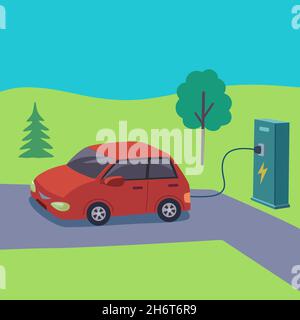 Vector illustration of a red electric car charging at the electro charger station on green landscape background. Stock Vector