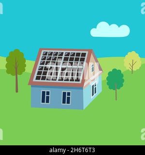 House with solar battery on summer landscape background. Eco clean energy concept.  Stock Vector
