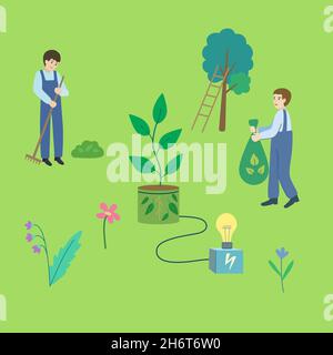 Biomass energy. Renewable clean energy resources. Conceptual vector illustration. Stock Vector