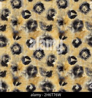 Golden abstract seamless pattern with leopard skin spots. Watercolor hand drawn fashion print.  Stock Photo