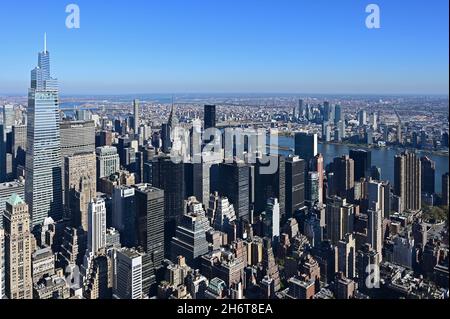 View of Manhattan from Empire State Building Observatory in New York on clear autumn day. Stock Photo