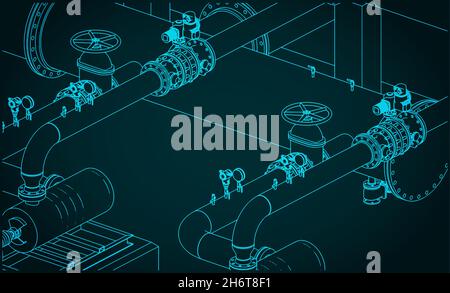 Stylized vector illustration of blueprints of pipes and valves Stock ...