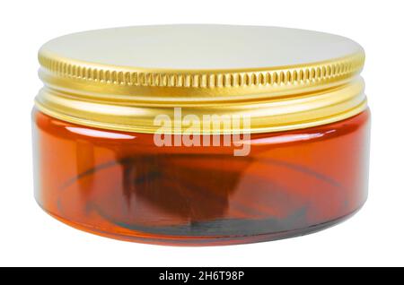 Amber Brown transparent Plastic Bottle isolated on white background, Save clipping path. Stock Photo