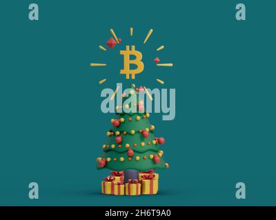 3D rendering of a Christmas tree with a cryptocurrency icon over it Stock Photo