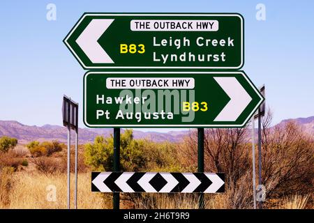 Road sign giving directions at Parachilna in South Australia Stock Photo