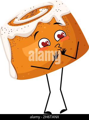 Cute cinnamon pastry bun character with love emotions, smile face, arms and legs. Cheerful baking person, bun with joyful expression. Vector flat illustration Stock Vector