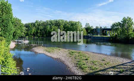 16:9 Wide View of Erie Canal Lock of Pool Brook River in Bellamy Harbor Park of Rome, New York. Stock Photo