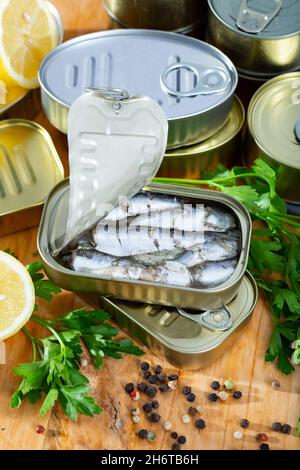 Open can of sardines in oil Stock Photo