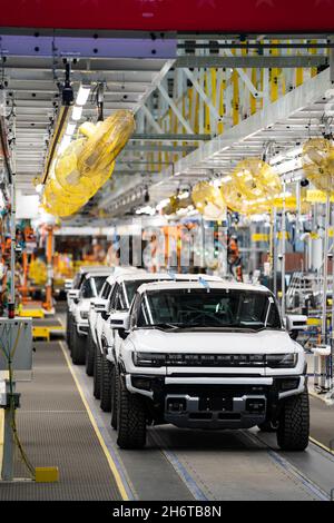 Detroit, Michigan, USA. 17th Nov, 2021. Hummer EV vehicles at the the grand opening of the General Motors Factory ZERO where President Biden gave remarks. (Credit Image: © Dominick Sokotoff/ZUMA Press Wire) Stock Photo